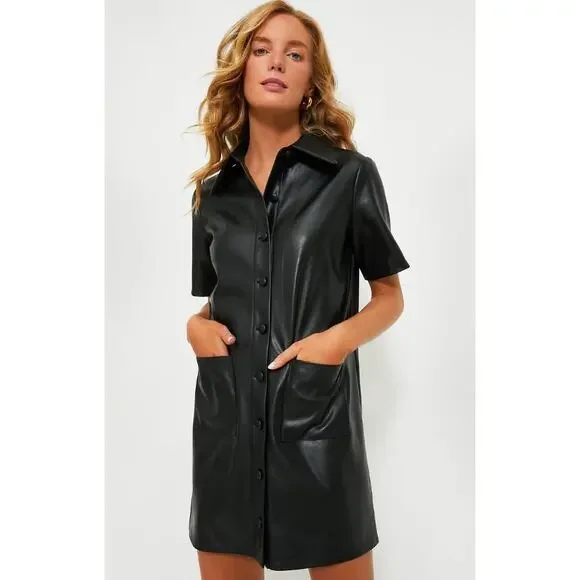 TUCKERNUCK NWT Leather Violetta Shirt Dress Black Short Sleeves Women's M - Picture 11 of 13